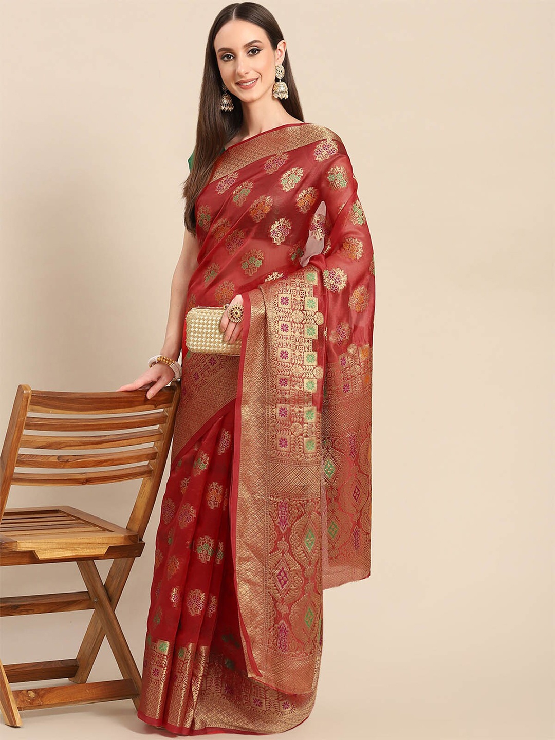 

ODETTE Pink & Green Woven Design Zari Organza Saree