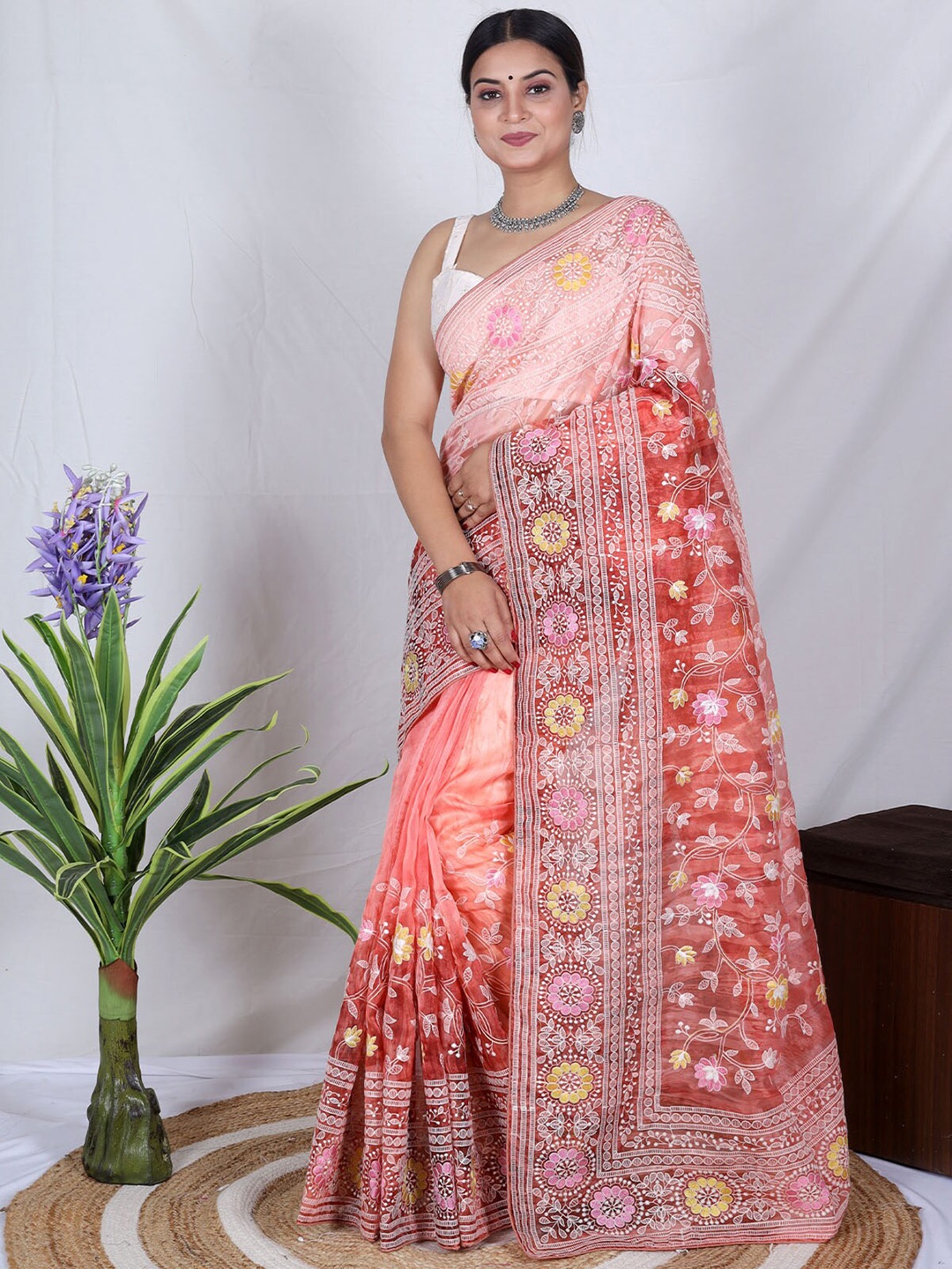

ODETTE Orange & White Floral Embroidered Organza Saree