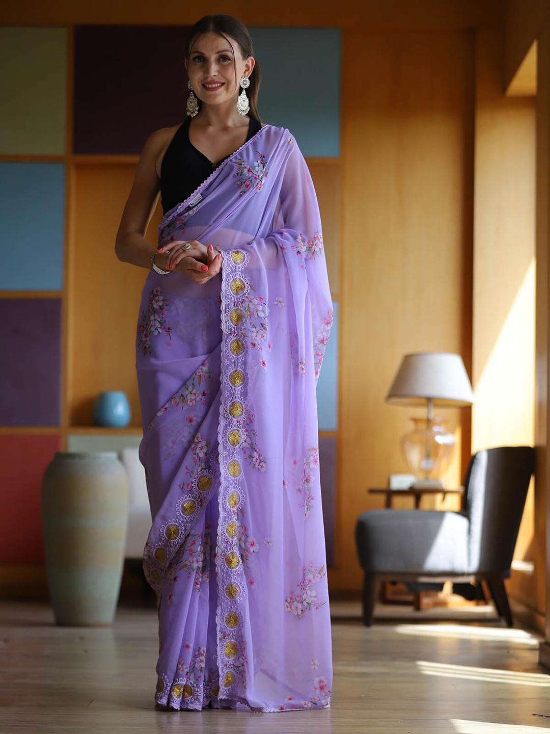 

ODETTE Purple & Yellow Floral Embroidered Saree