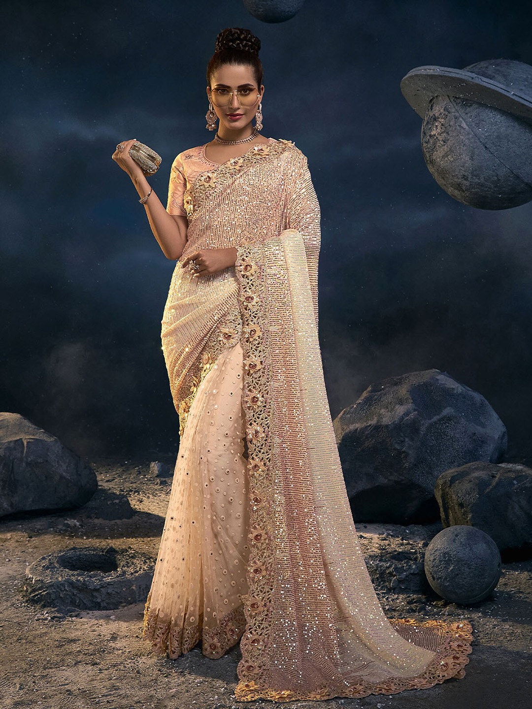 

ODETTE Peach-Coloured Floral Embroidered Net Saree