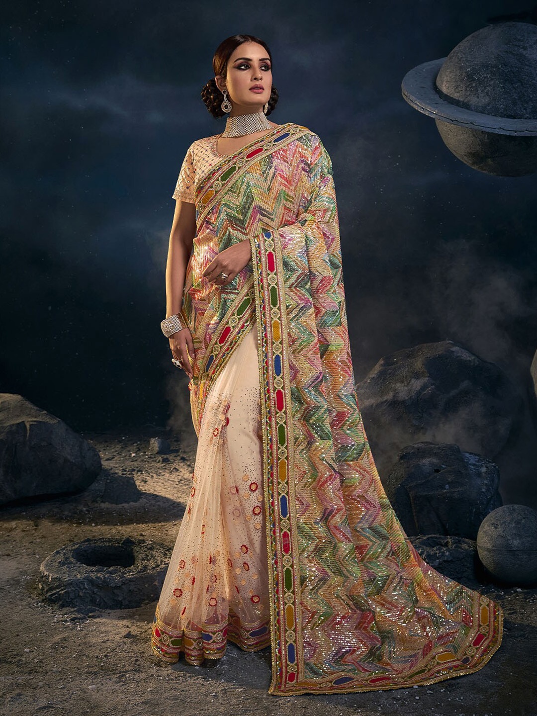 

ODETTE Peach-Coloured & Green Embellished Embroidered Net Saree