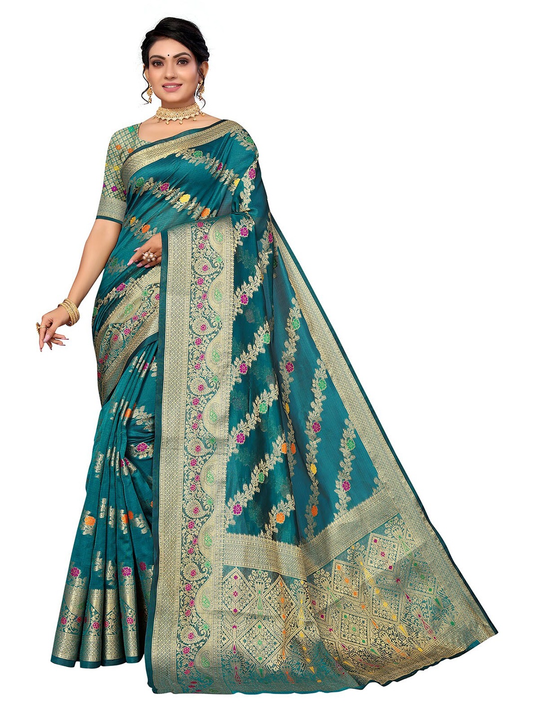 

ODETTE Green & Pink Woven Design Zari Organza Saree