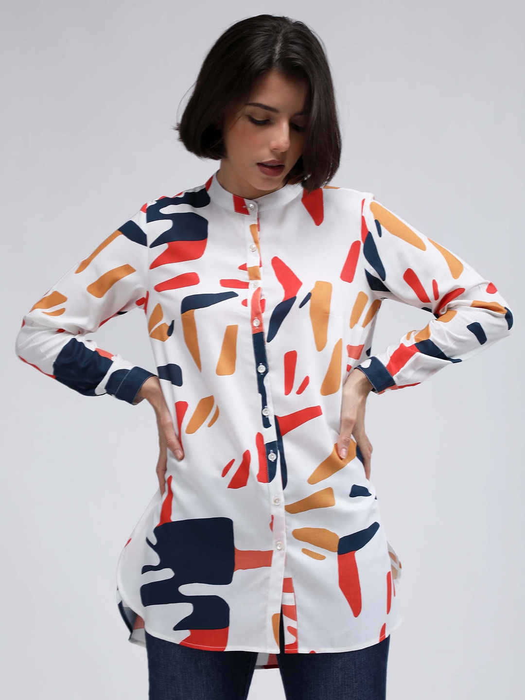 

IDK Women White Printed Casual Long Length Shirt