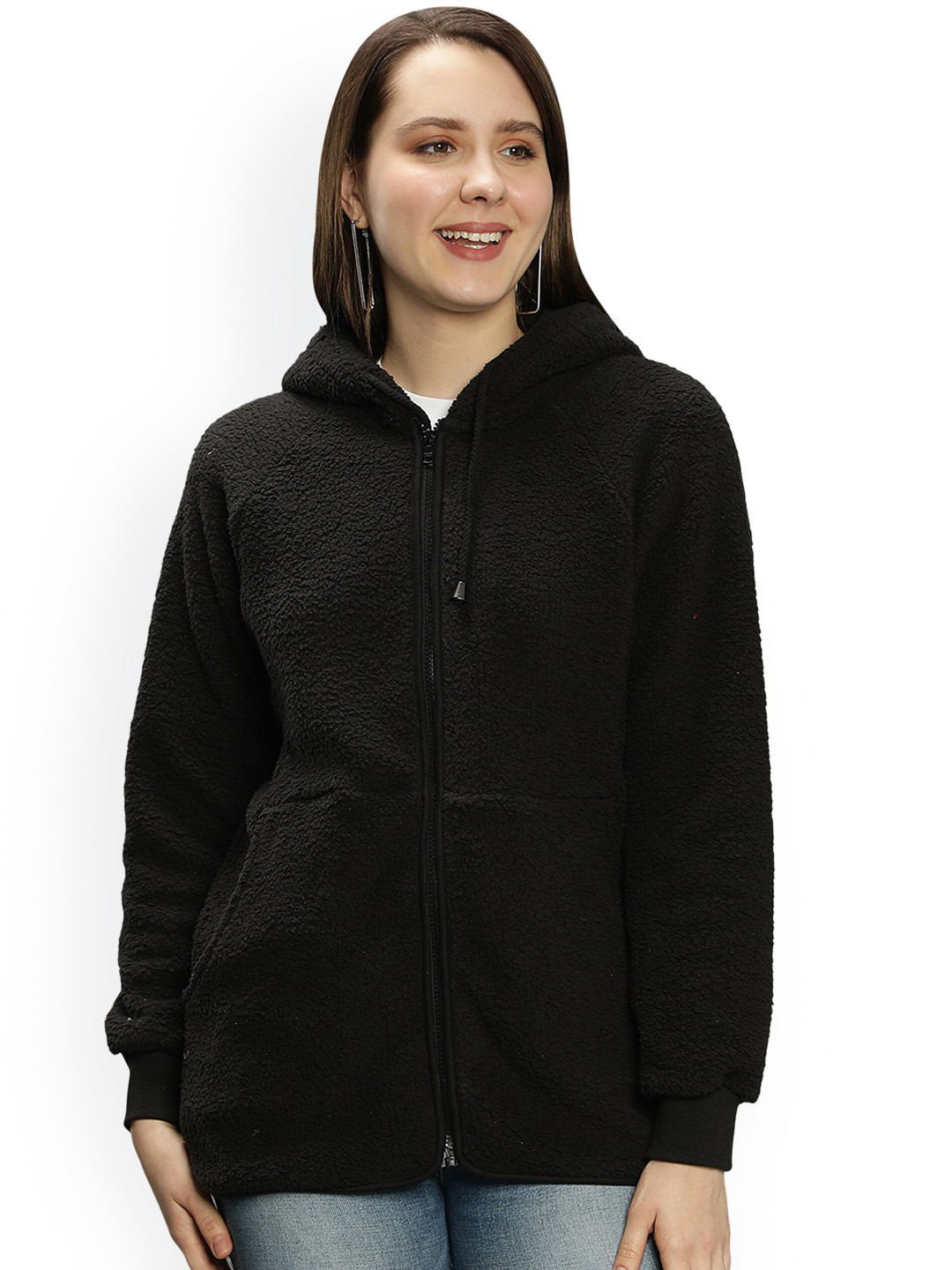 

NUEVOSDAMAS Women Black Fleece Hooded Tailored Jacket