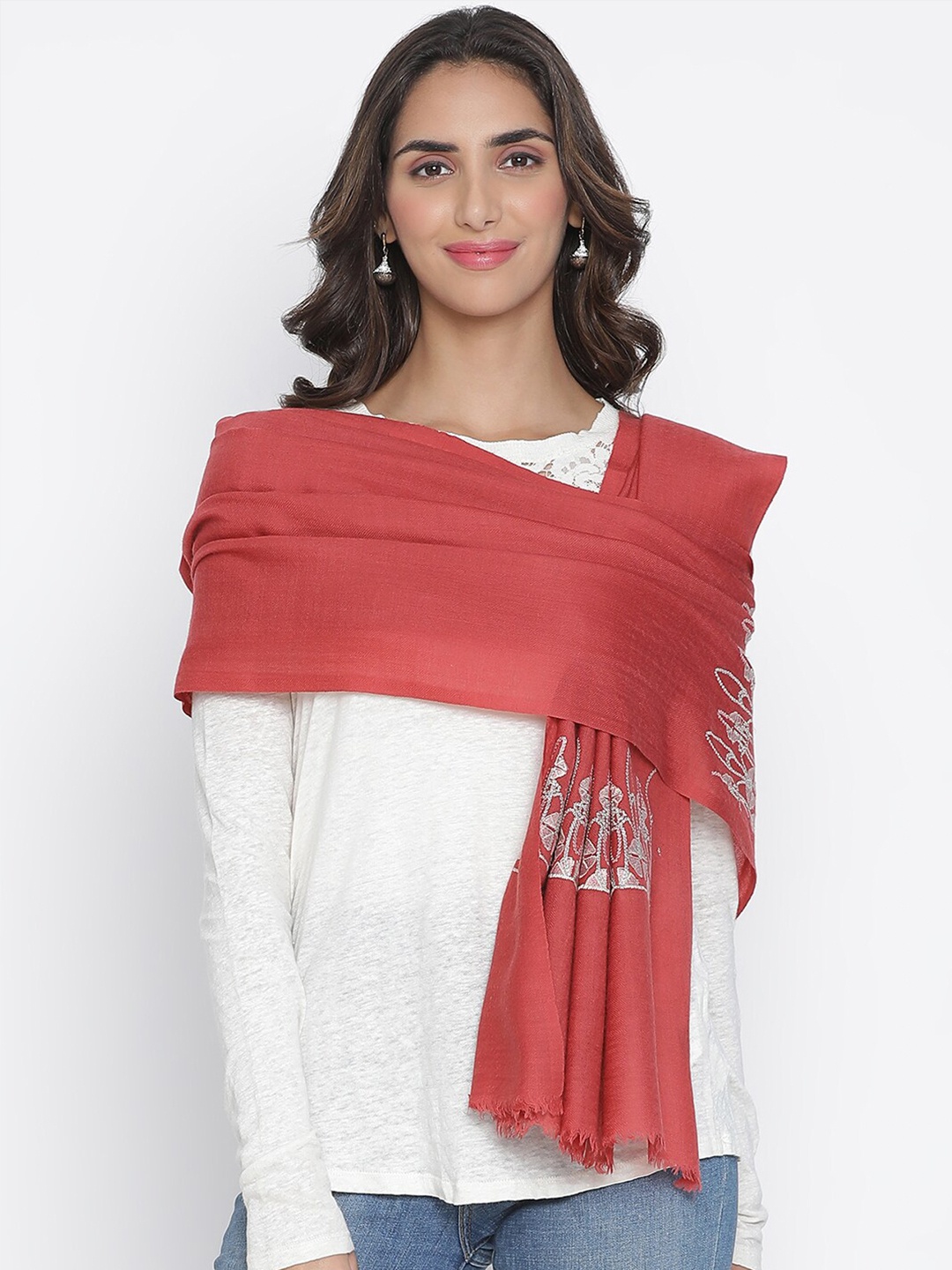

SHINGORA Women Red & White Embroidered Stole