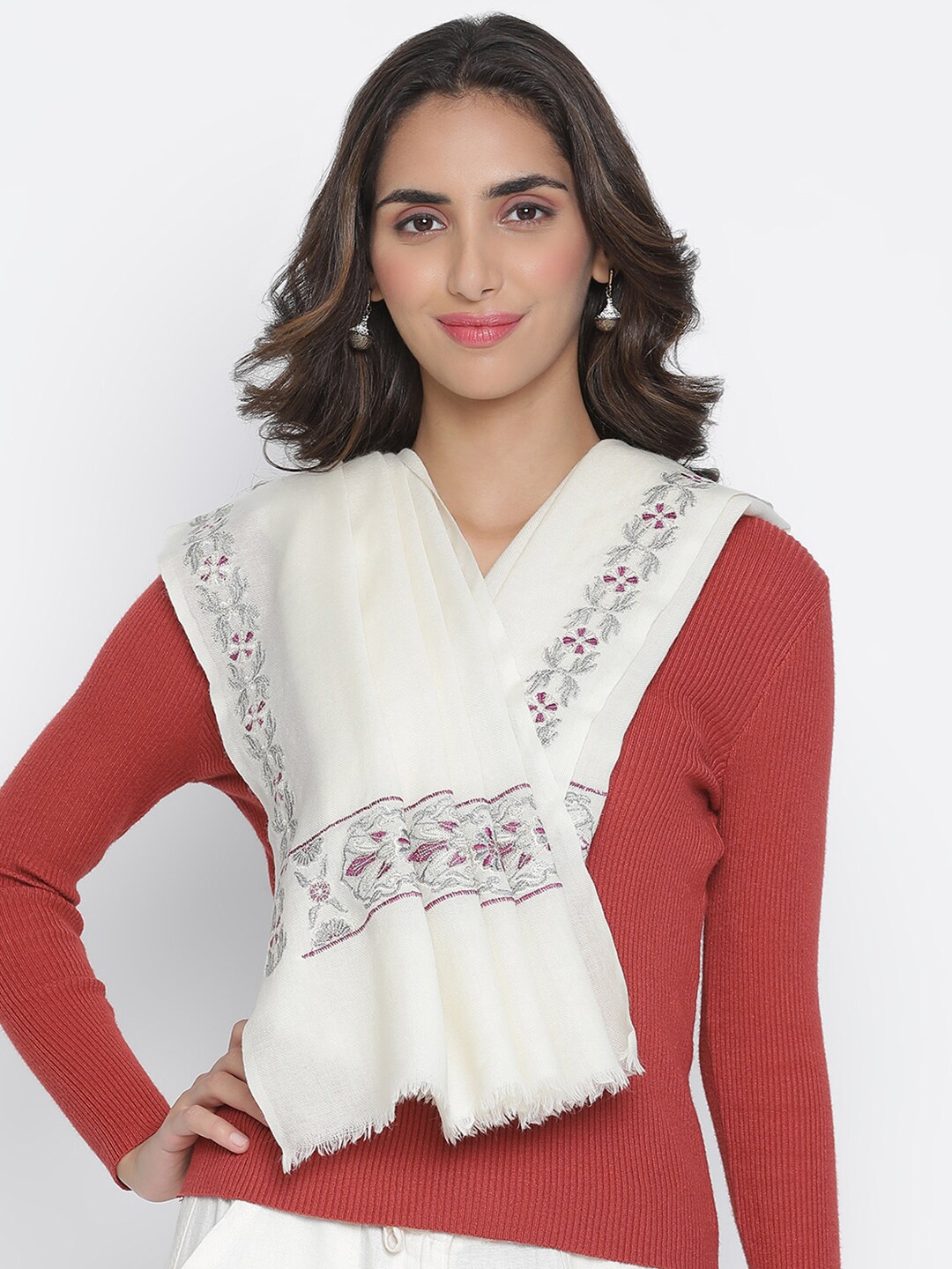 

SHINGORA Women White & Grey Embroidered Stole