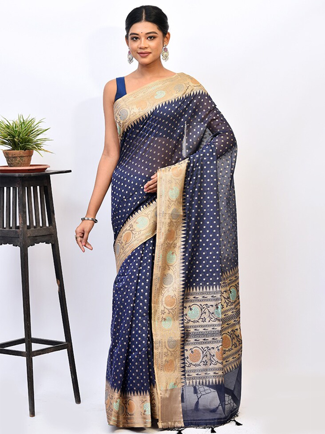

AllSilks Blue & Gold-Toned Woven Design Zari Silk Cotton Saree