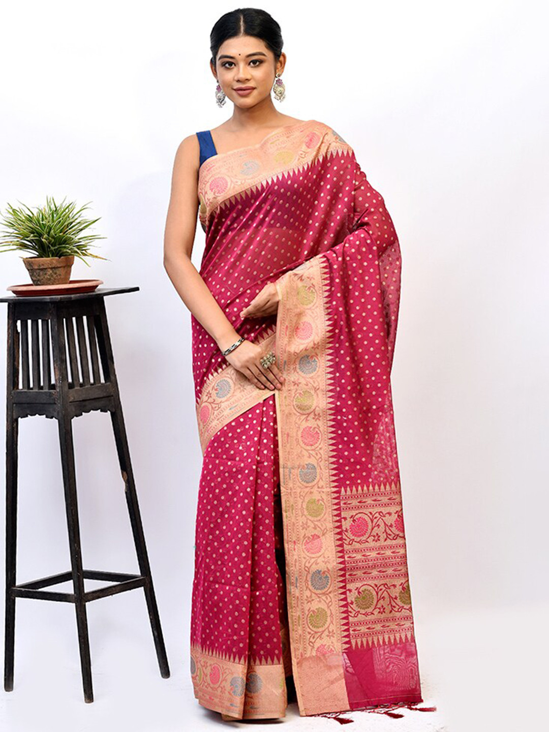 

AllSilks Pink & Blue Woven Design Zari Silk Cotton Saree