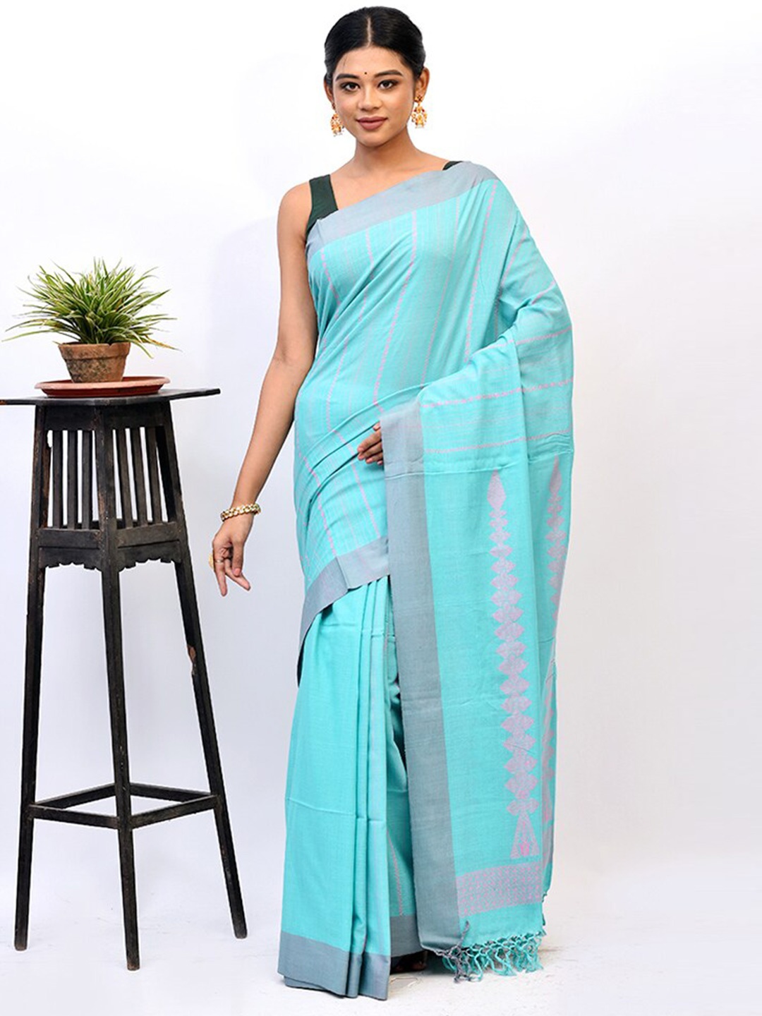 

AllSilks Blue & Grey Striped Silk Blend Saree