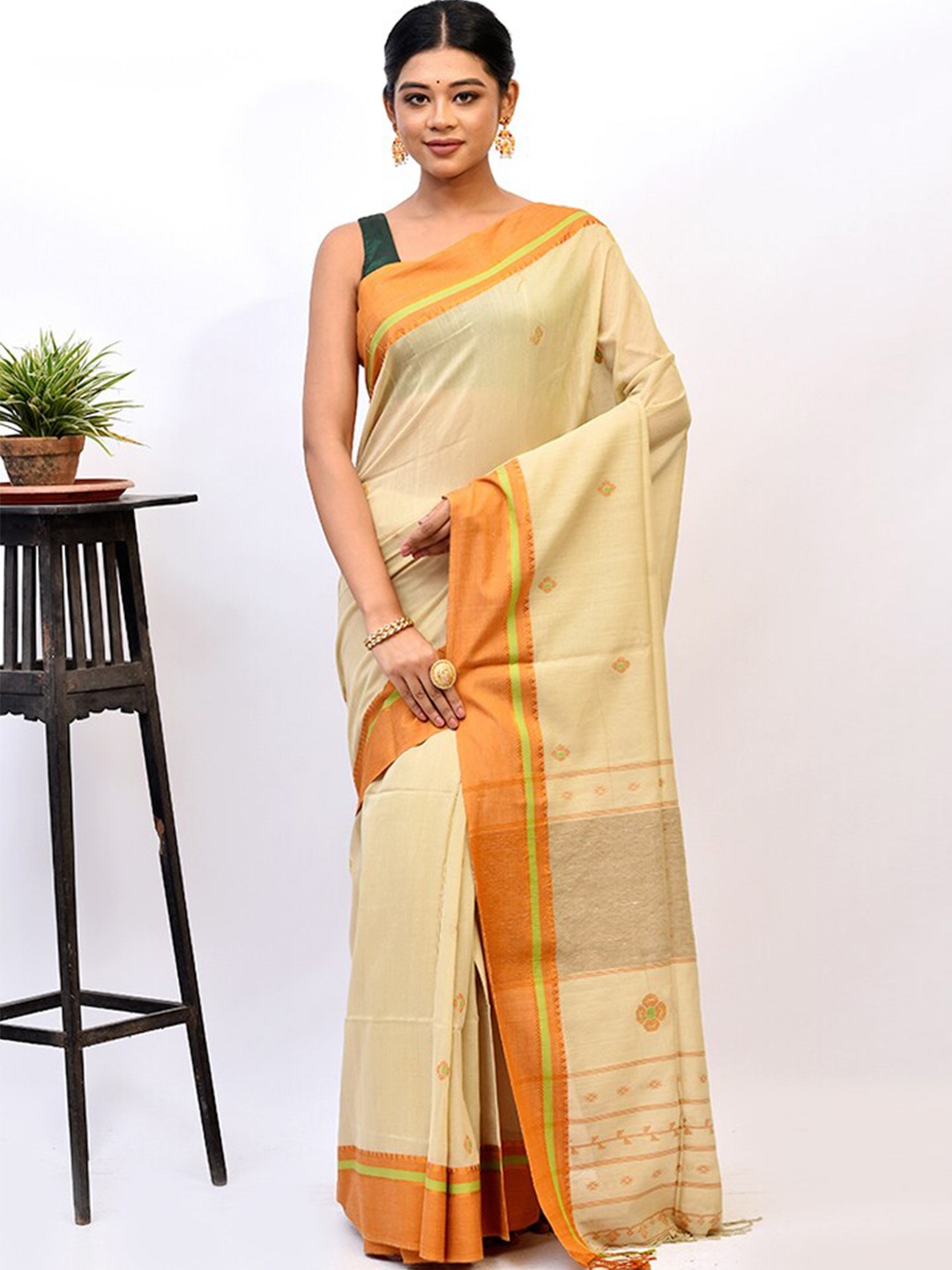 

AllSilks Cream-Coloured & Orange Floral Silk Blend Saree