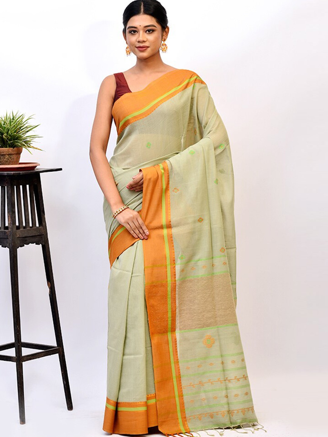 

AllSilks Green & Orange Floral Silk Blend Saree