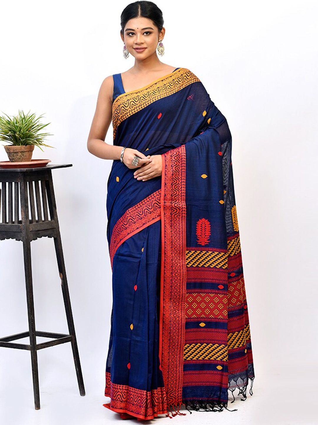 

AllSilks Navy Blue & Red Ethnic Motif Silk Blend Saree