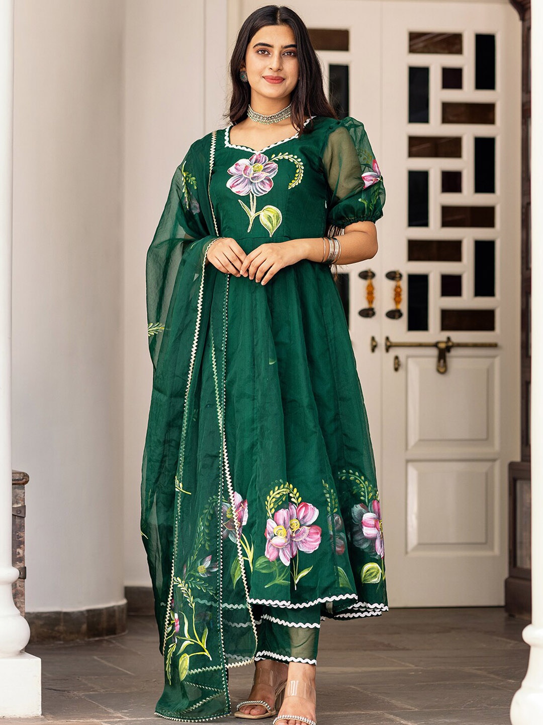 

Ambraee Women Green Floral Printed Layered Kurta with Trousers & Dupatta