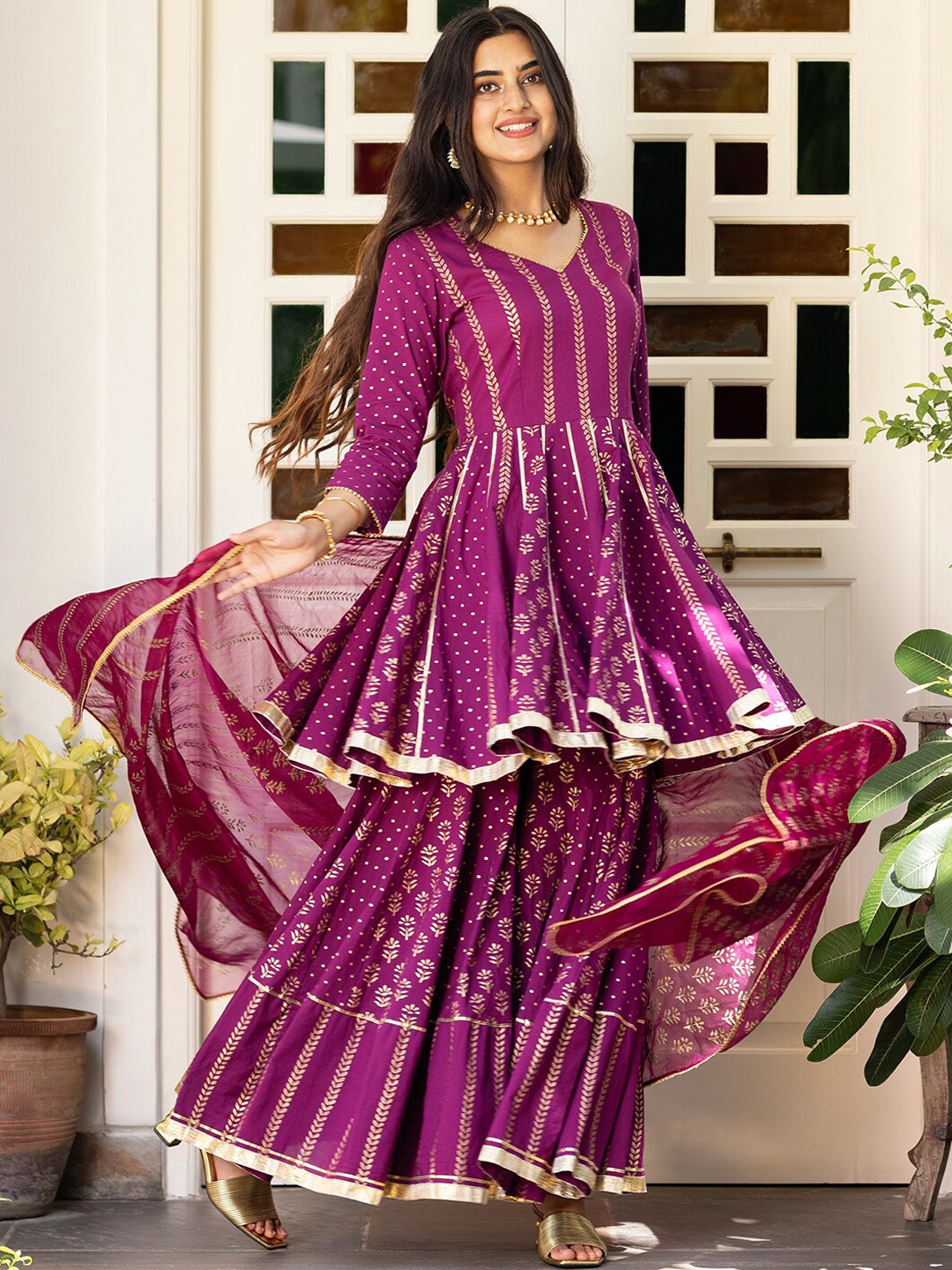 

Ambraee Women Purple Paisley Printed Kurta with Sharara & Dupatta