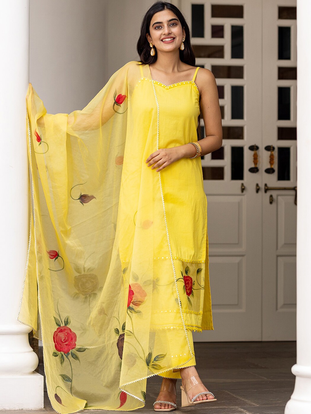 

Ambraee Women Yellow Floral Printed Kurta with Trousers & Dupatta