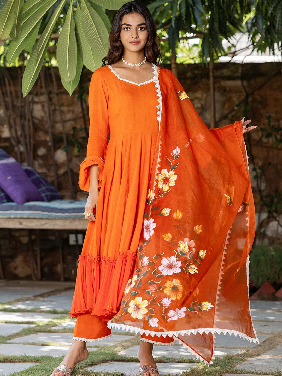 

Ambraee Women Orange Kurta with Trousers & Dupatta