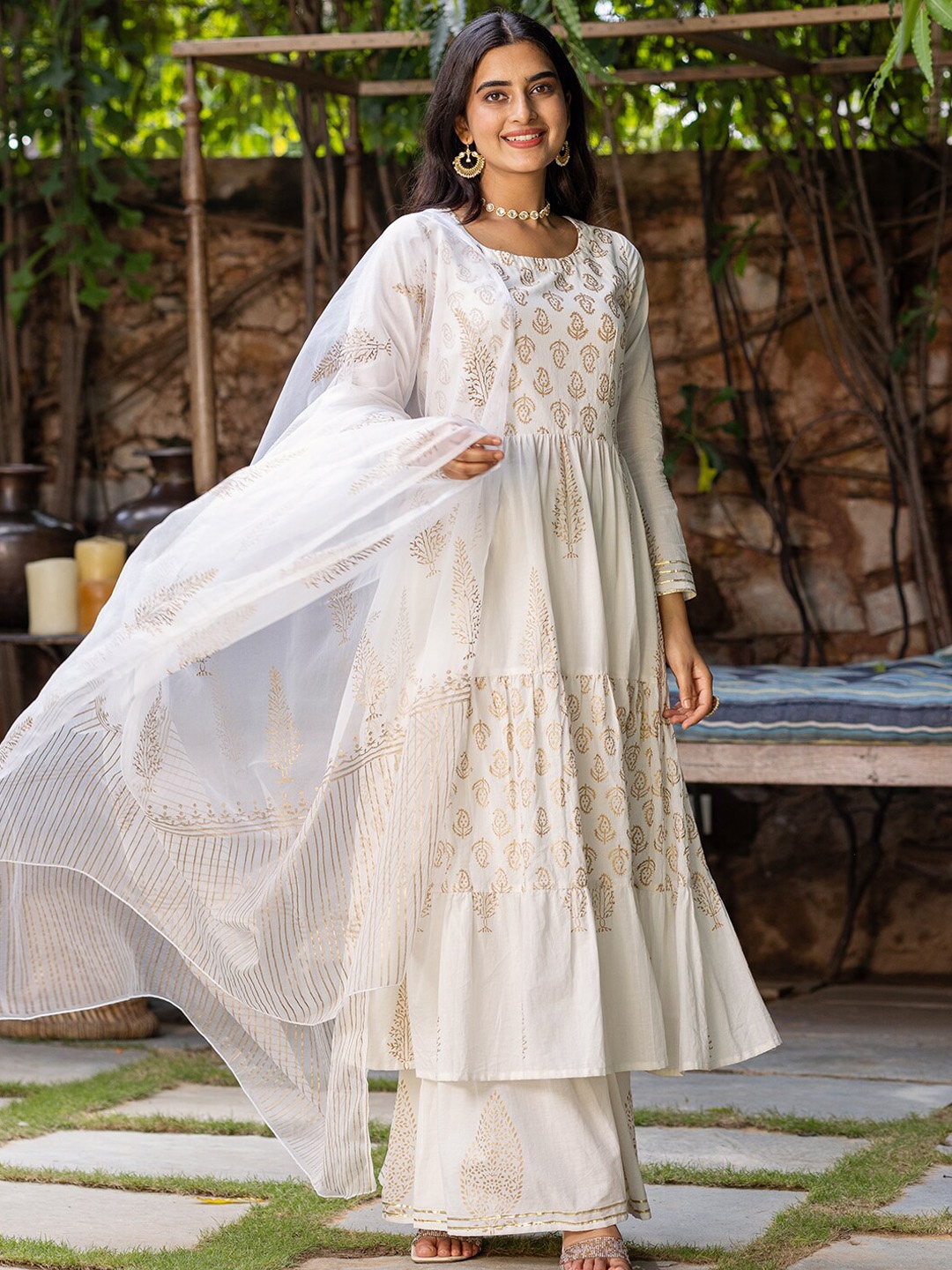 

Ambraee Women White Ethnic Motifs Printed Kurta with Sharara & Dupatta