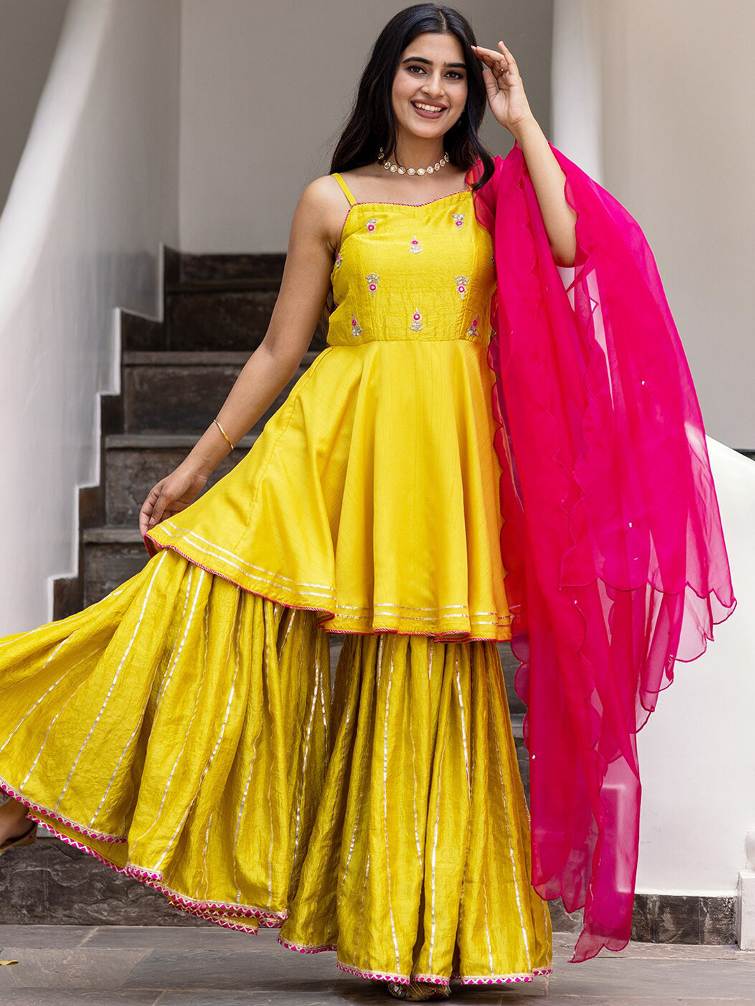 

Ambraee Women Yellow Floral Embroidered Kurta with Sharara & Dupatta