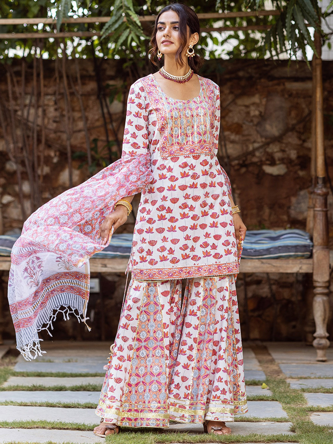 

Ambraee Women White Floral Printed Kurta with Sharara & Dupatta
