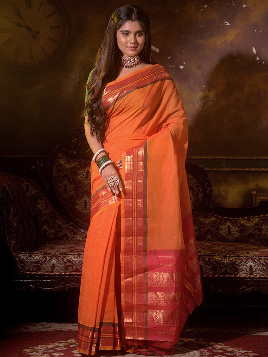 

AllSilks Orange & Gold-Toned Zari Pure Silk Gadwal Saree