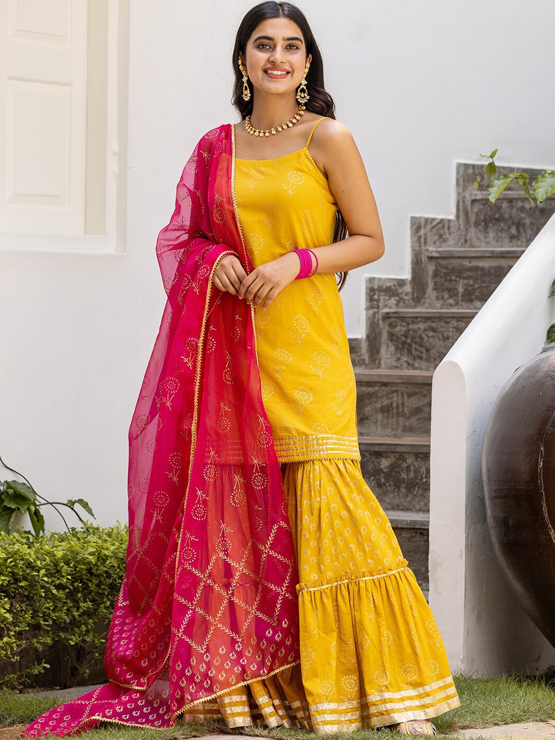 

Ambraee Women Mustard Yellow Floral Printed Kurta with Sharara & Dupatta