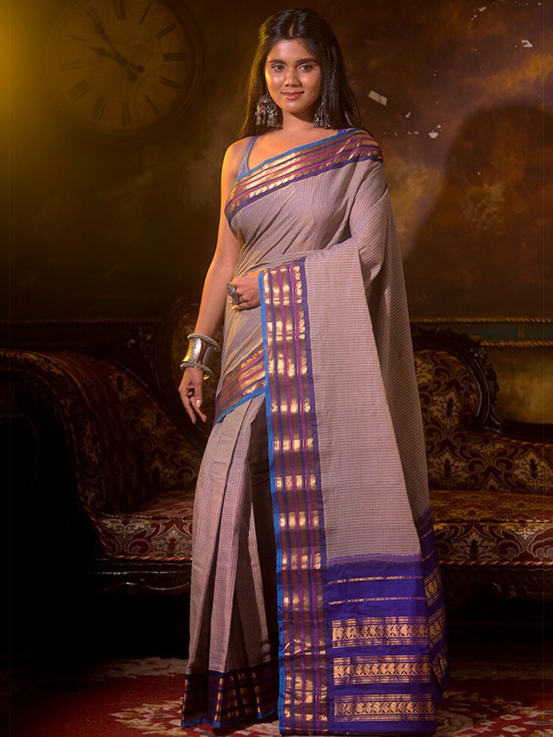 

AllSilks Grey & Purple Checked Zari Pure Silk Gadwal Saree