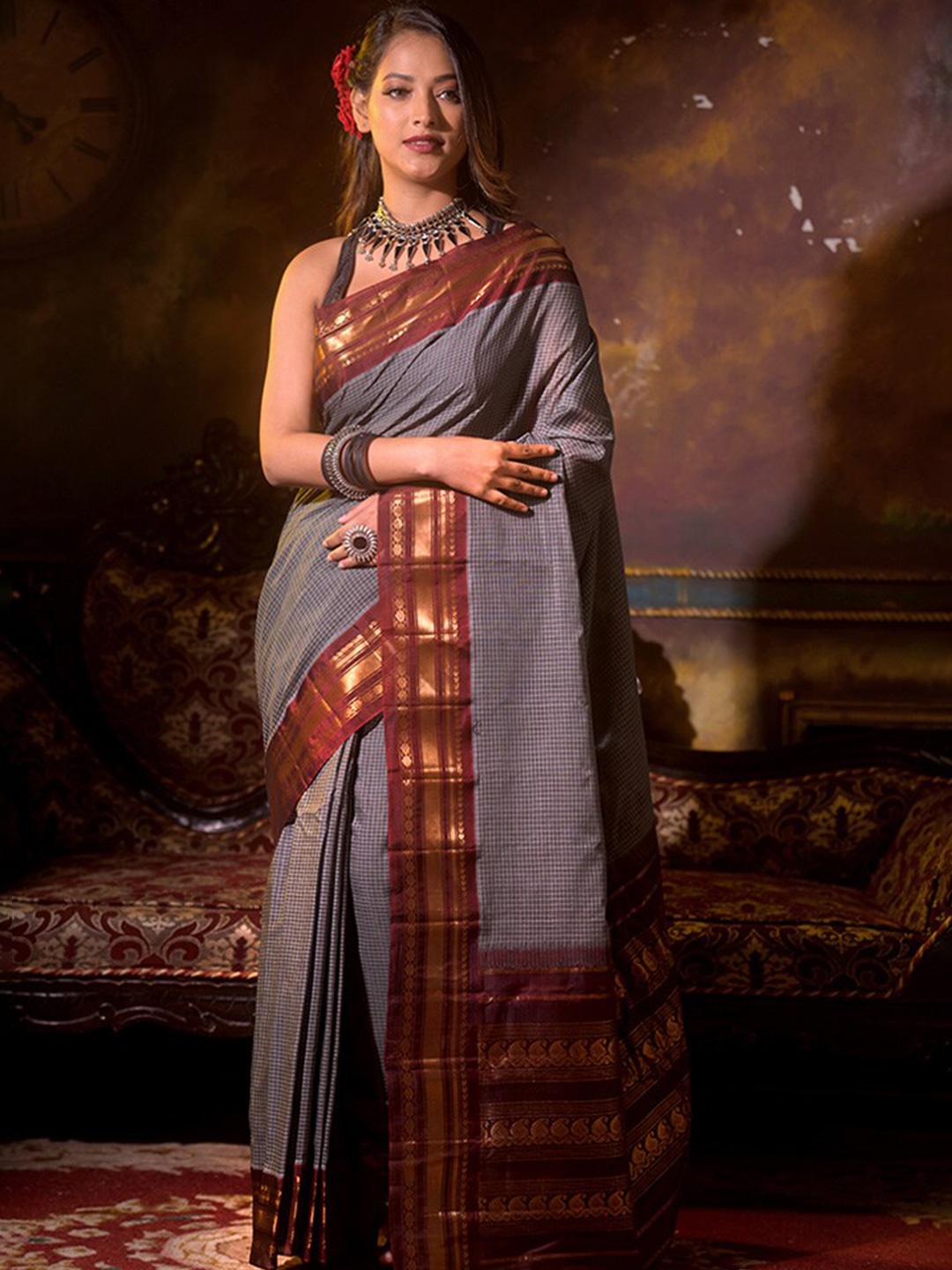 

AllSilks Grey & Maroon Checked Zari Pure Silk Gadwal Saree