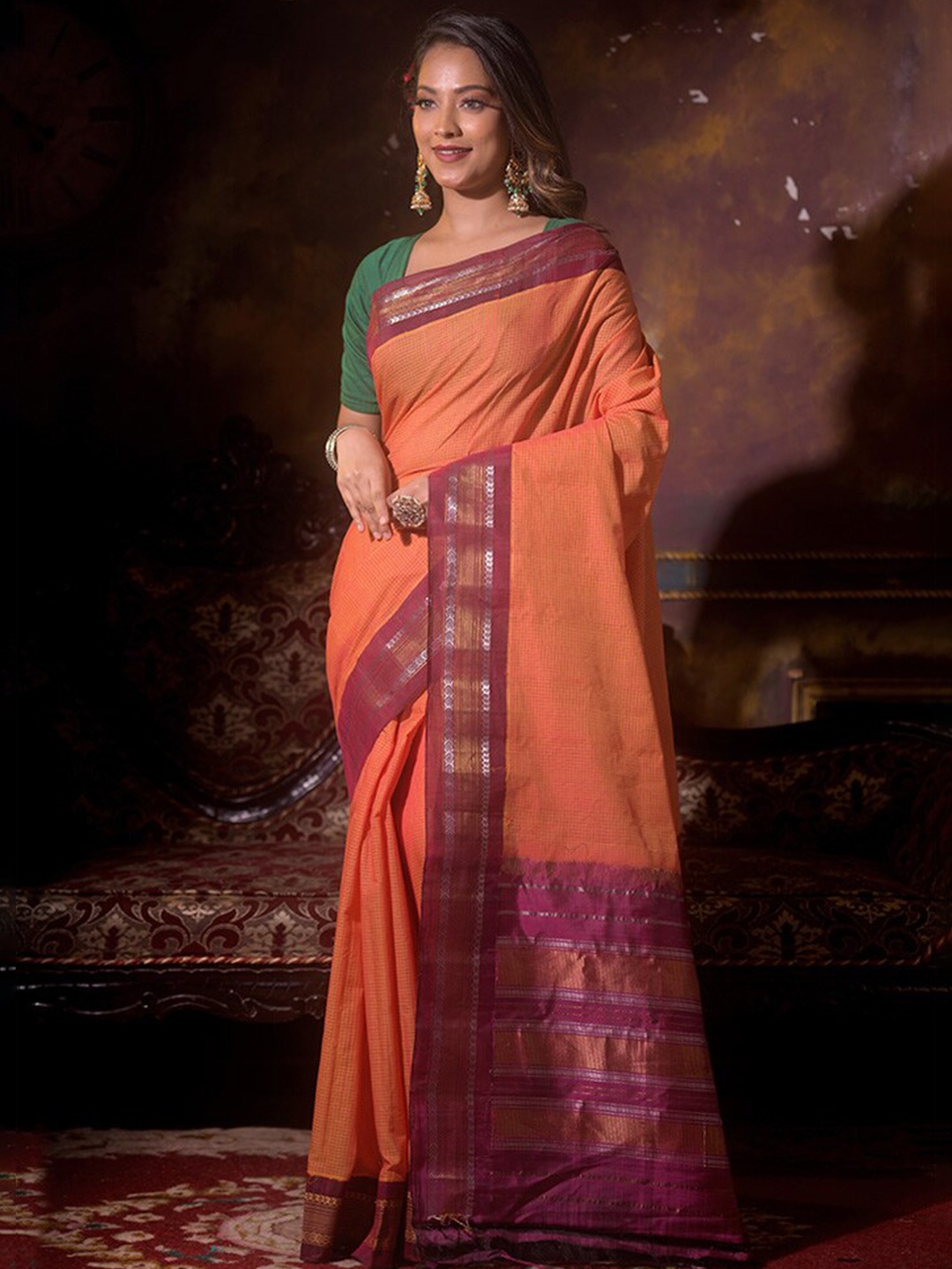 

AllSilks Rust & Maroon Zari Pure Silk Gadwal Saree