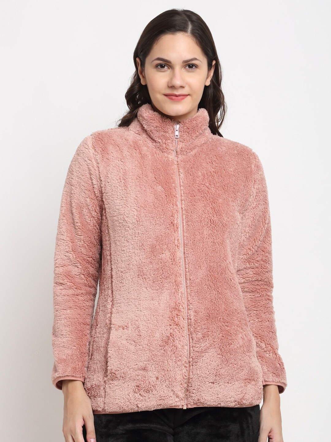 

Kanvin Mock Collar Front-Open Sweatshirt, Pink