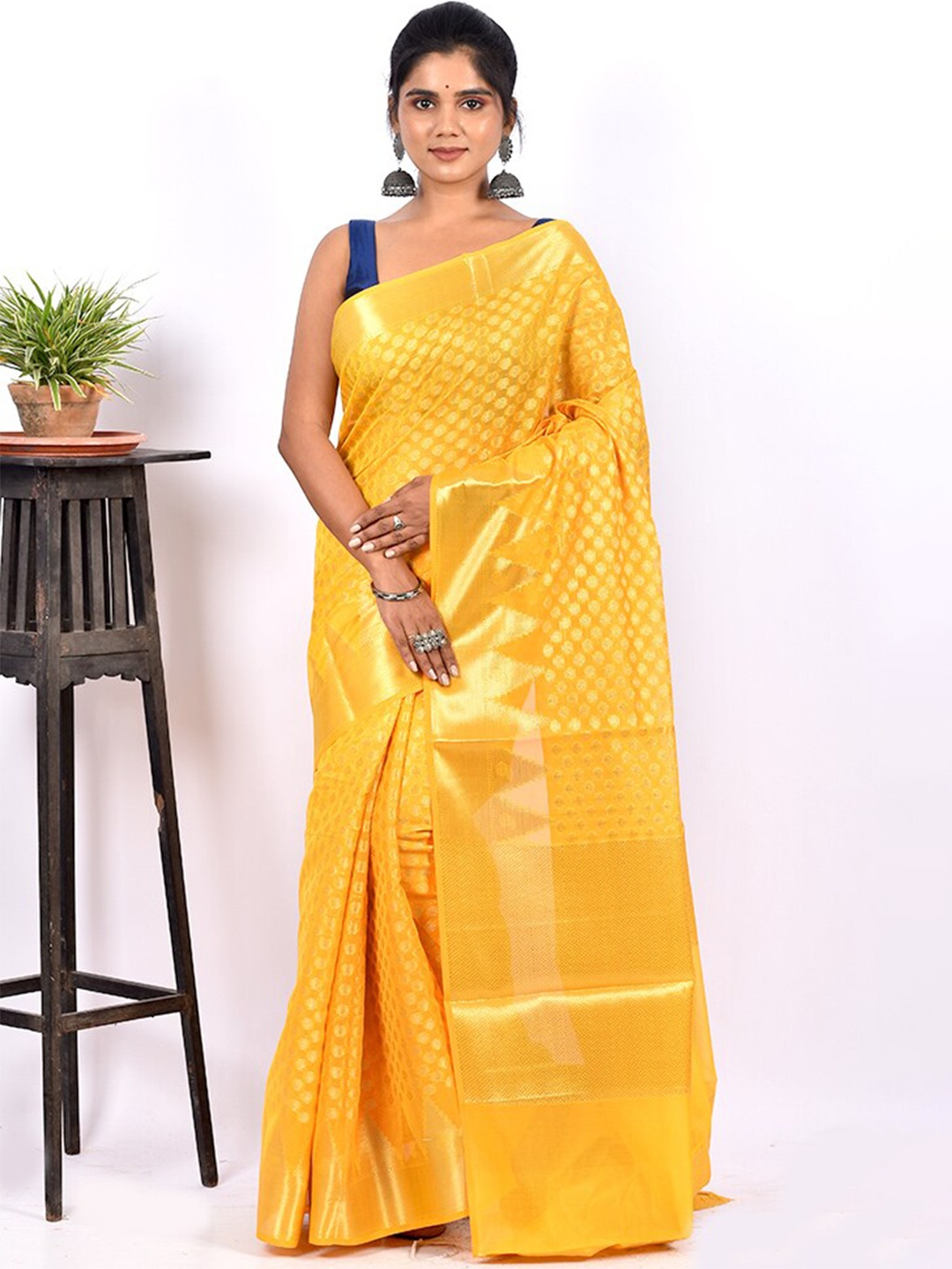

AllSilks Yellow & Gold-Toned Ethnic Motif Zari Silk Cotton Saree
