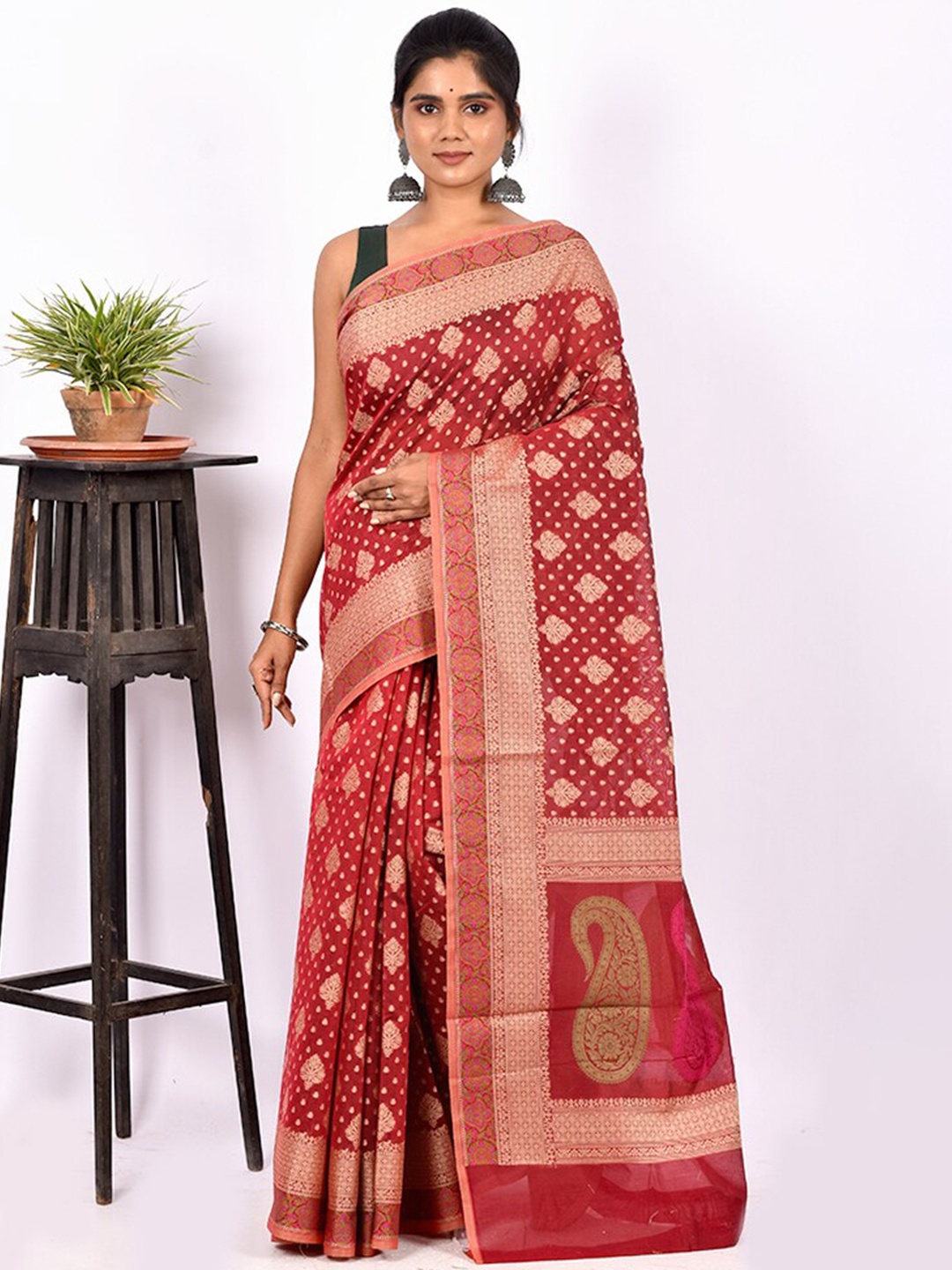 

AllSilks Maroon & Gold-Toned Ethnic Motif Zari Pure Silk Saree