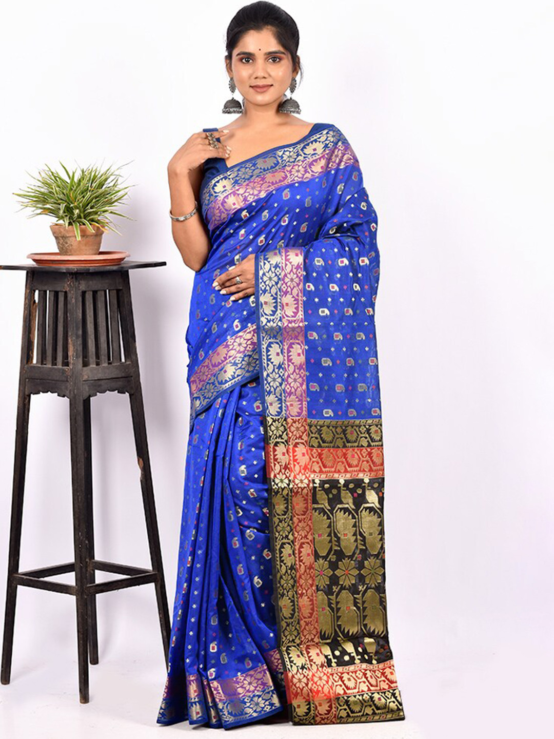 

AllSilks Blue & Red Ethnic Motif Zari Silk Cotton Saree