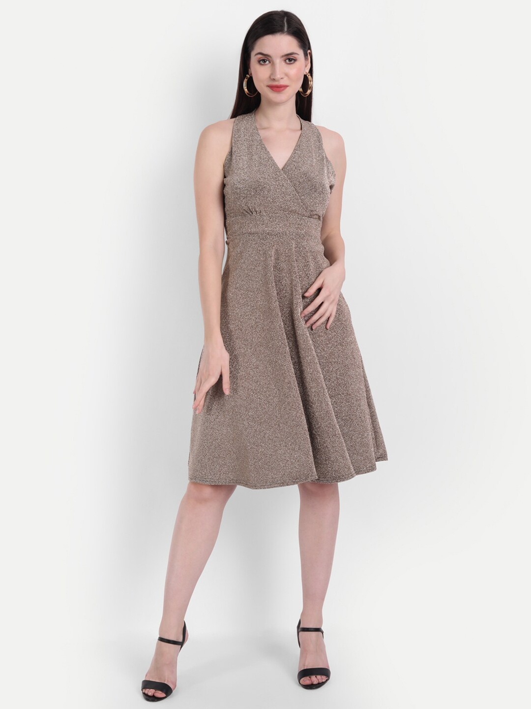 

BROADSTAR Women Beige Solid Sleeveless Fit & Flare Dress