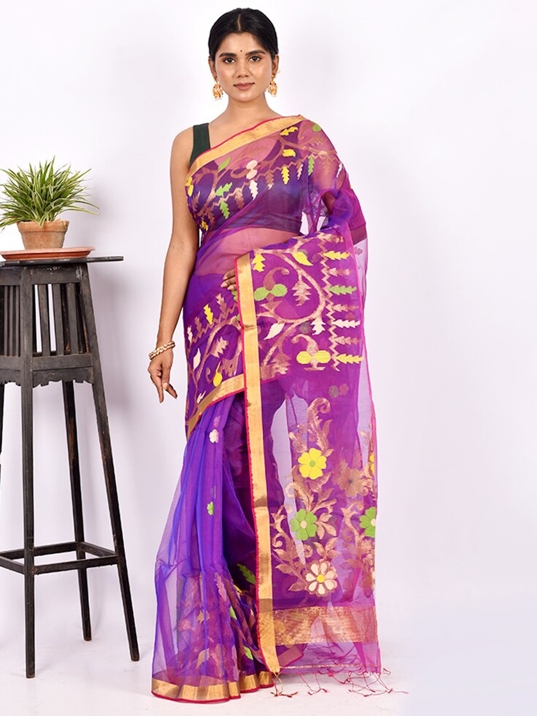 

AllSilks Purple & Yellow Floral Zari Silk Blend Saree