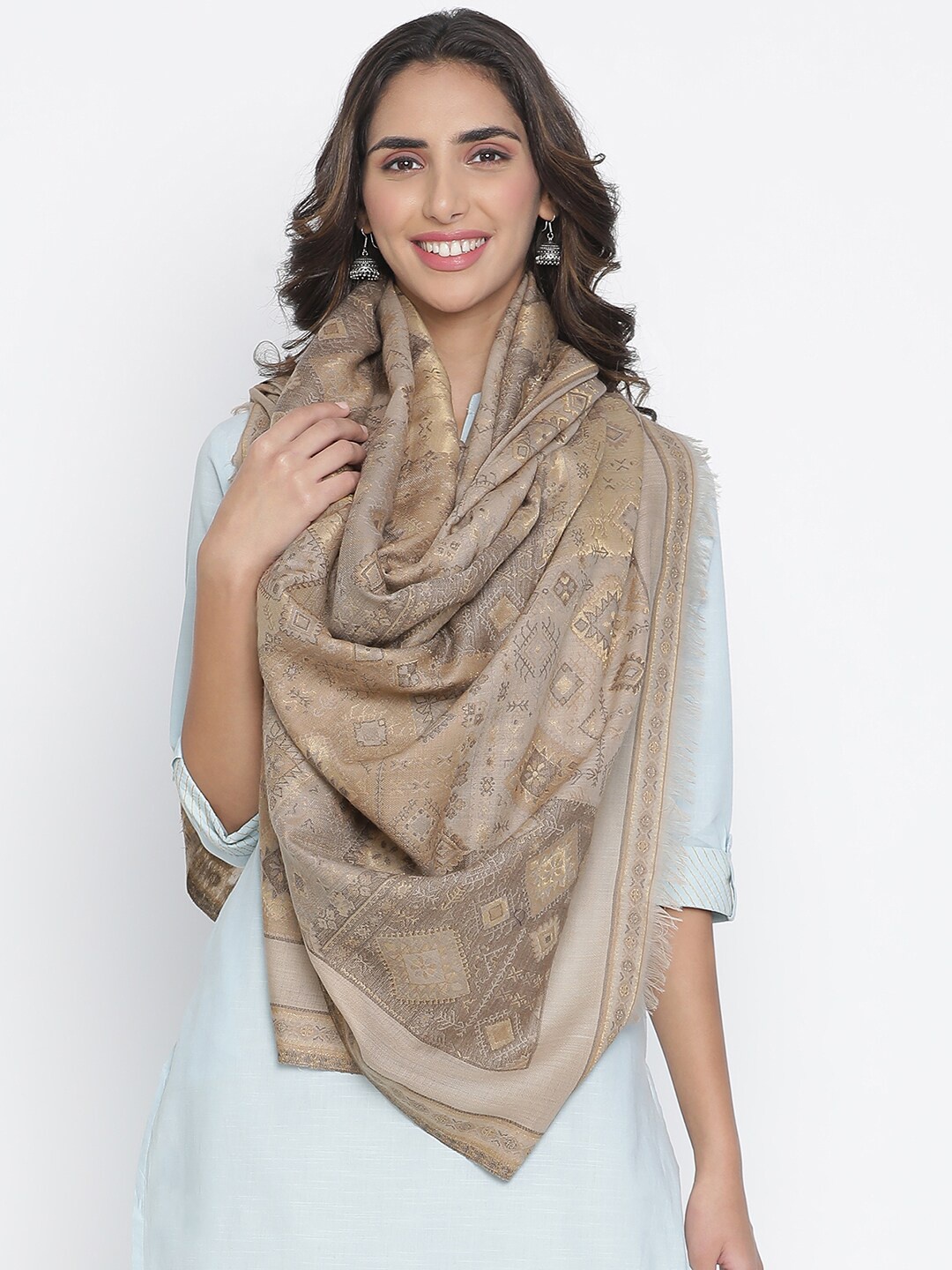 

SHINGORA Women Beige Geometric Woven-Design Shawl