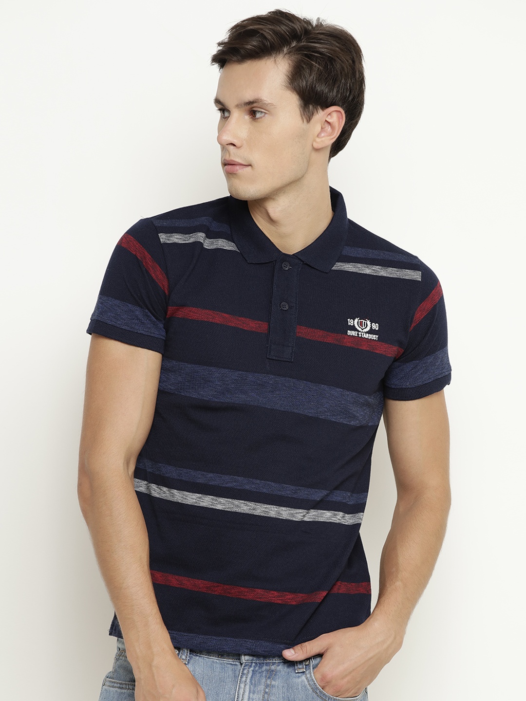 

Duke Men Navy Striped Polo Collar T-shirt, Navy blue