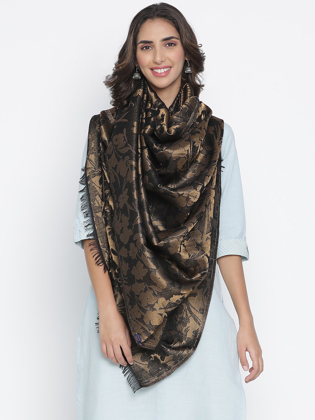 

SHINGORA Women Black & Gold Floral Woven-Design Shawl