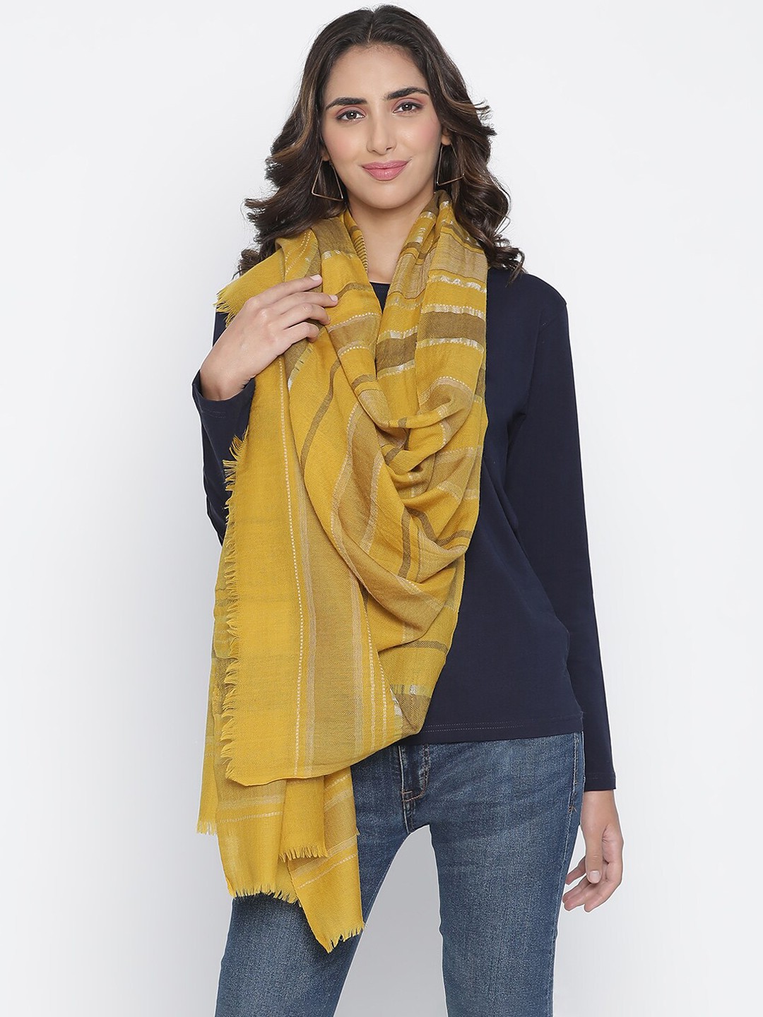 

SHINGORA Women Mustard Yellow Striped Woven-Design Wool Shawl