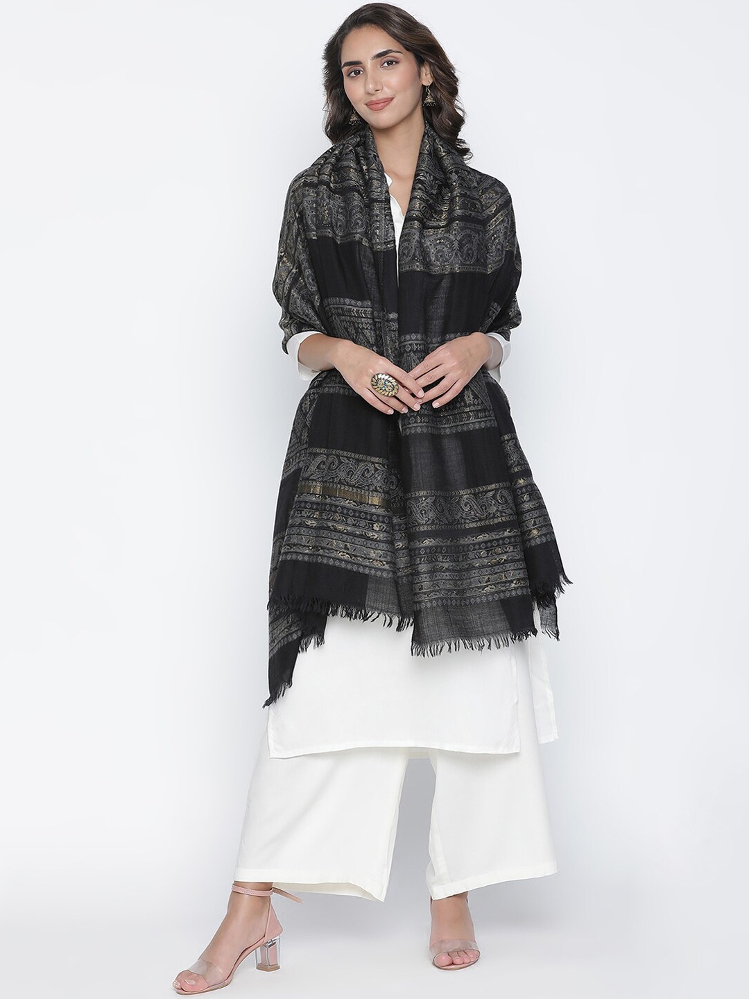 

SHINGORA Women Black Ethnic Motifs Woven-Design Shawl