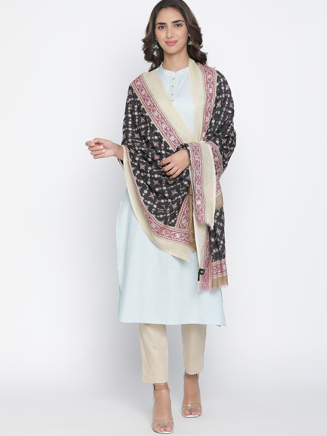 

SHINGORA Women Black & Beige Embroidered Woolen Shawl