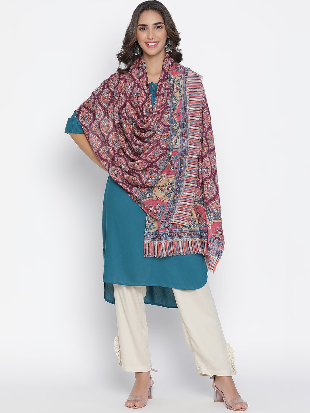 

SHINGORA Women Maroon & Blue Ethnic Motifs Embroidered Woolen Shawl