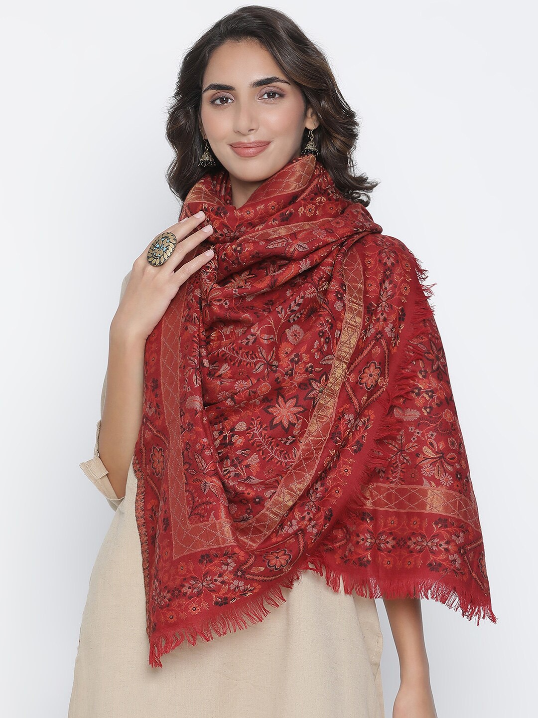 

SHINGORA Women Maroon & Gold Floral Woven Design Shawl