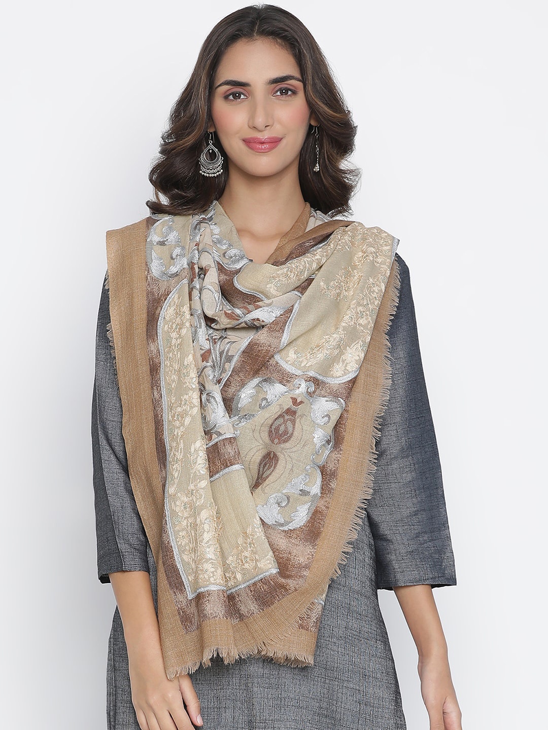 

SHINGORA Women Beige & Grey Floral Embroidered Woolen Shawl