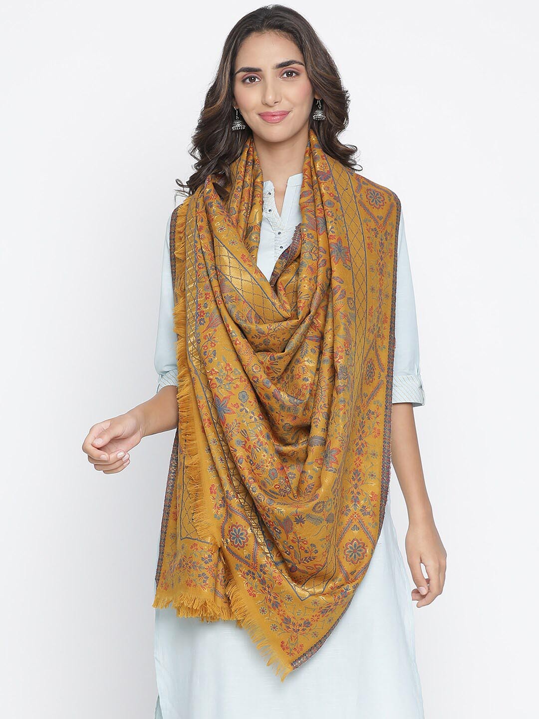

SHINGORA Women Mustard Yellow & Grey Woven-Design Shawl