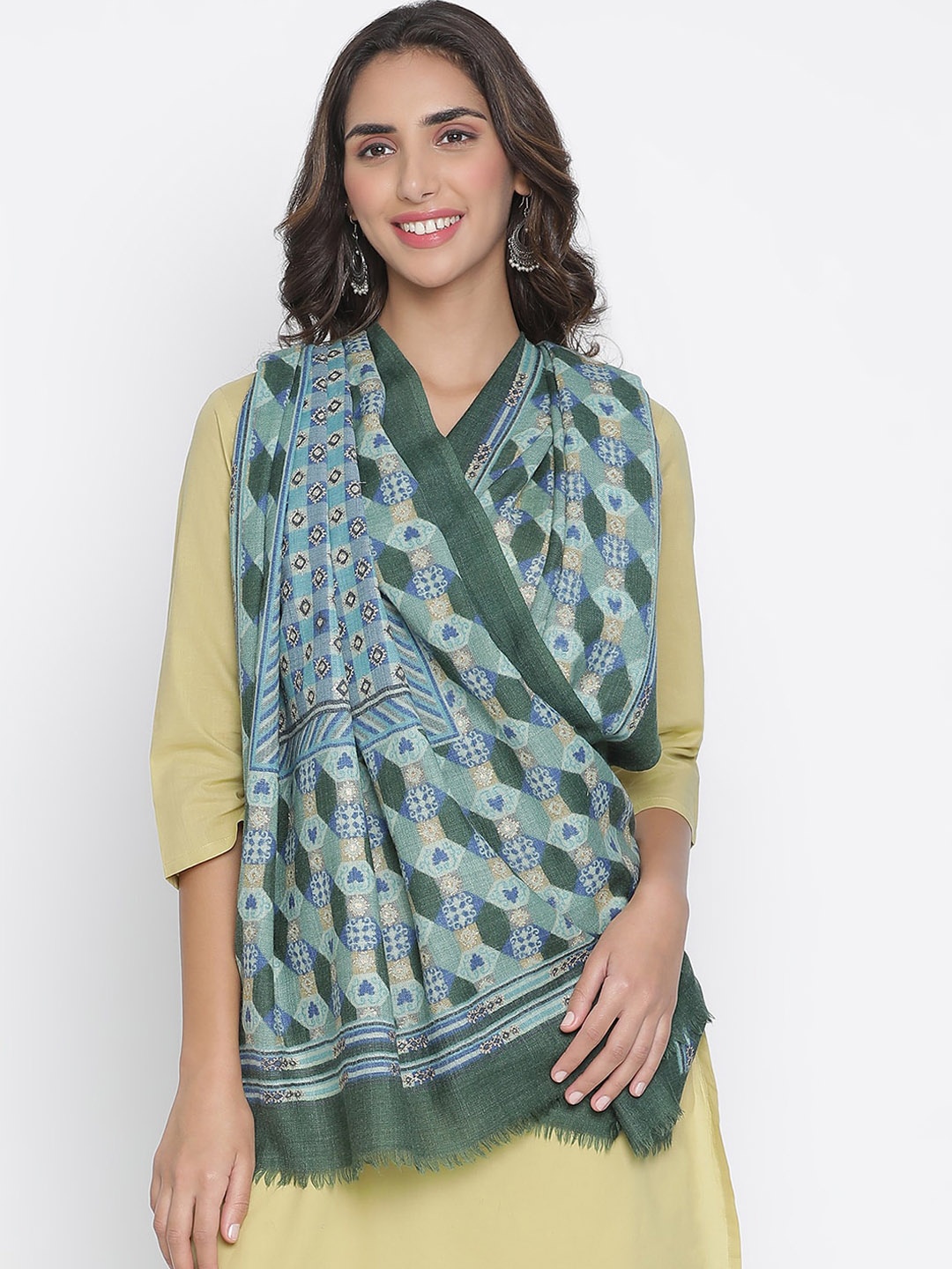 

SHINGORA Women Olive-Green Geometric Embroidered Woolen Shawl