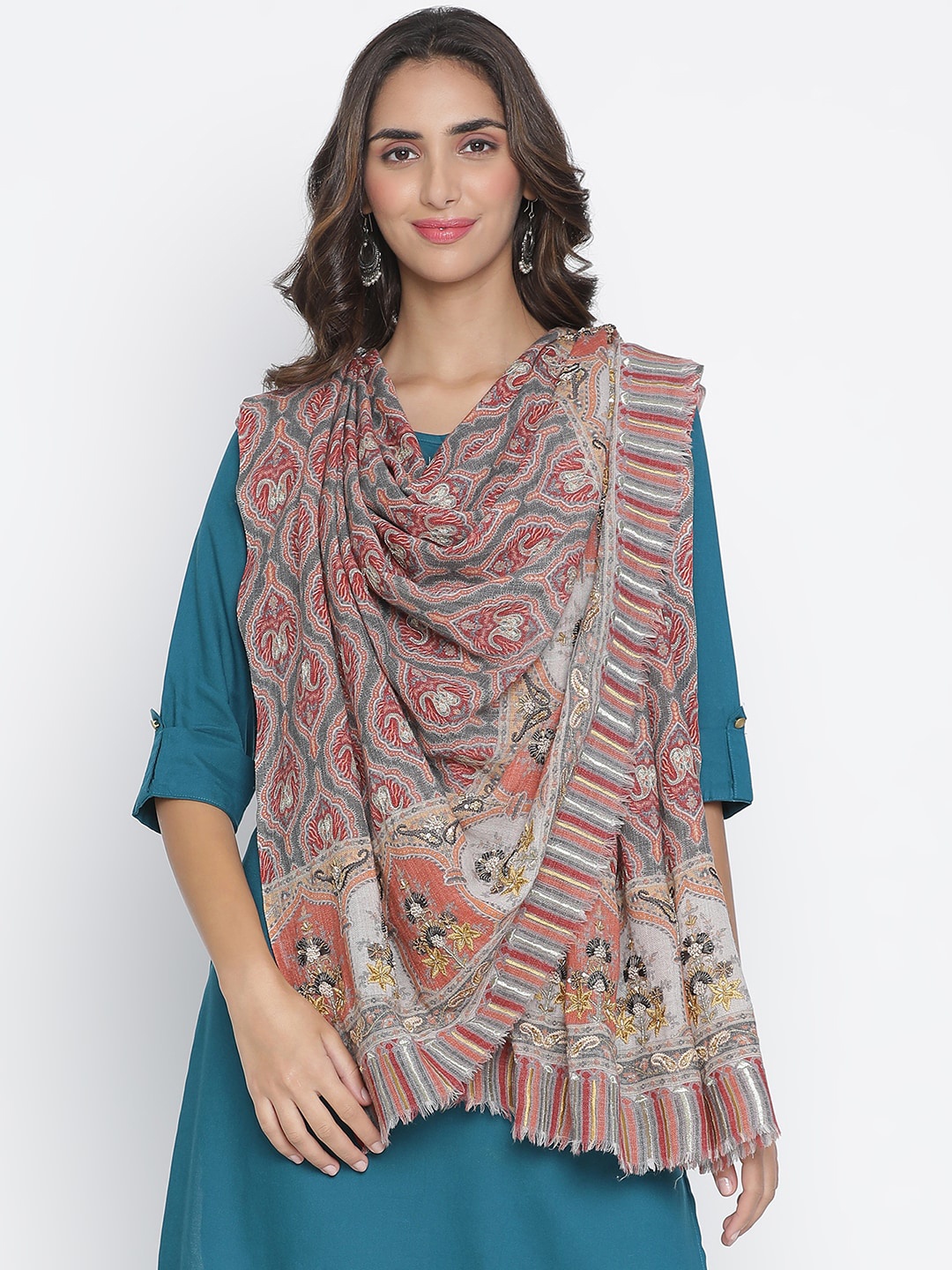 

SHINGORA Women Pink & Grey Embroidered Ethnic Motifs Wool Shawl