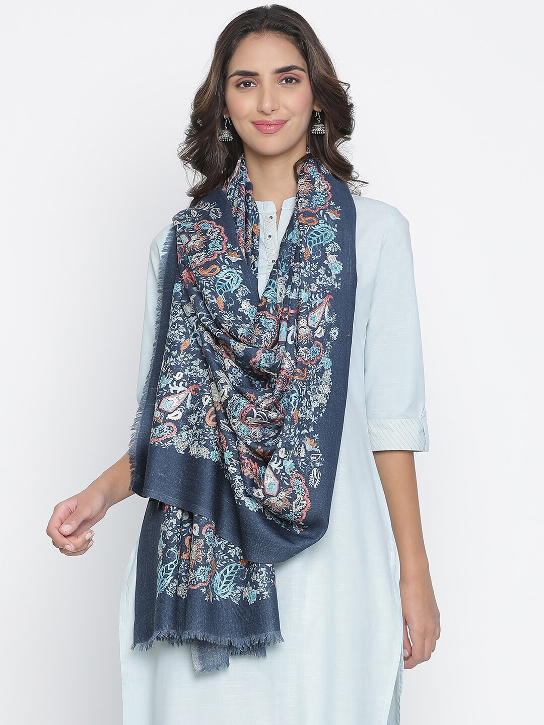 

SHINGORA Women Blue Embroidered Woolen Shawl