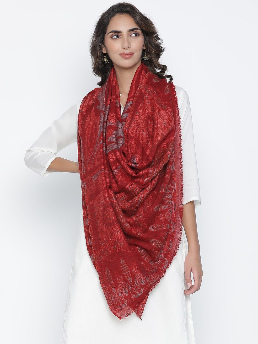 

SHINGORA Women Red & Grey Abstract Woven Design Wool Shawl