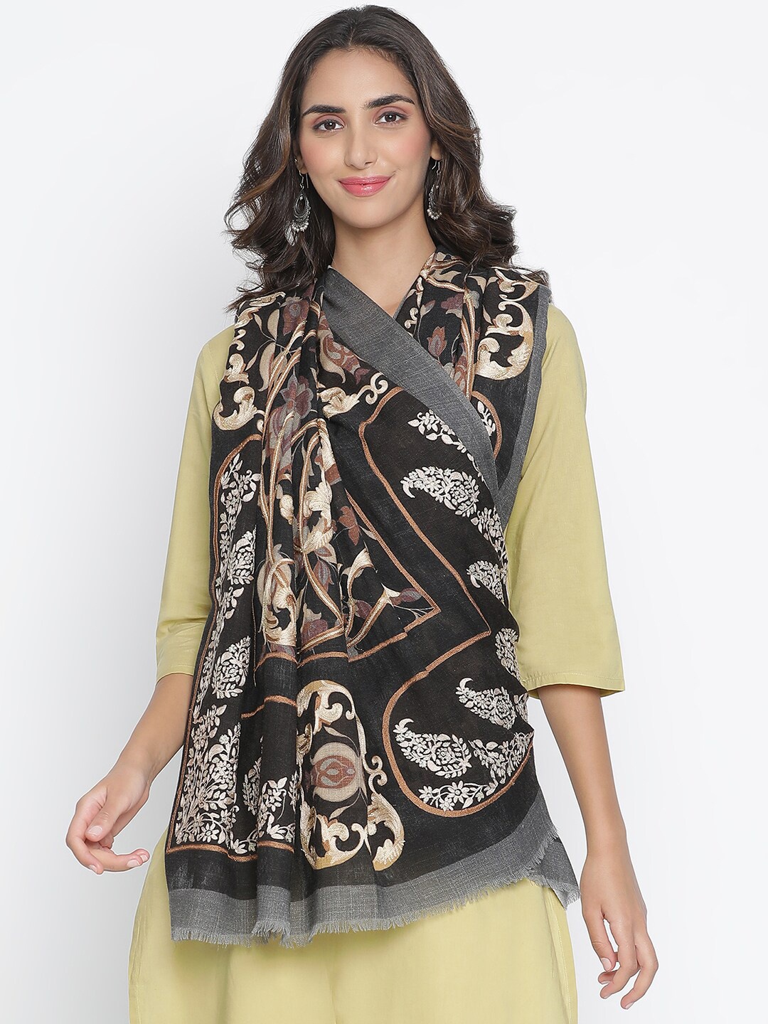 

SHINGORA Women Black Paisley Embroidered Woolen Shawl