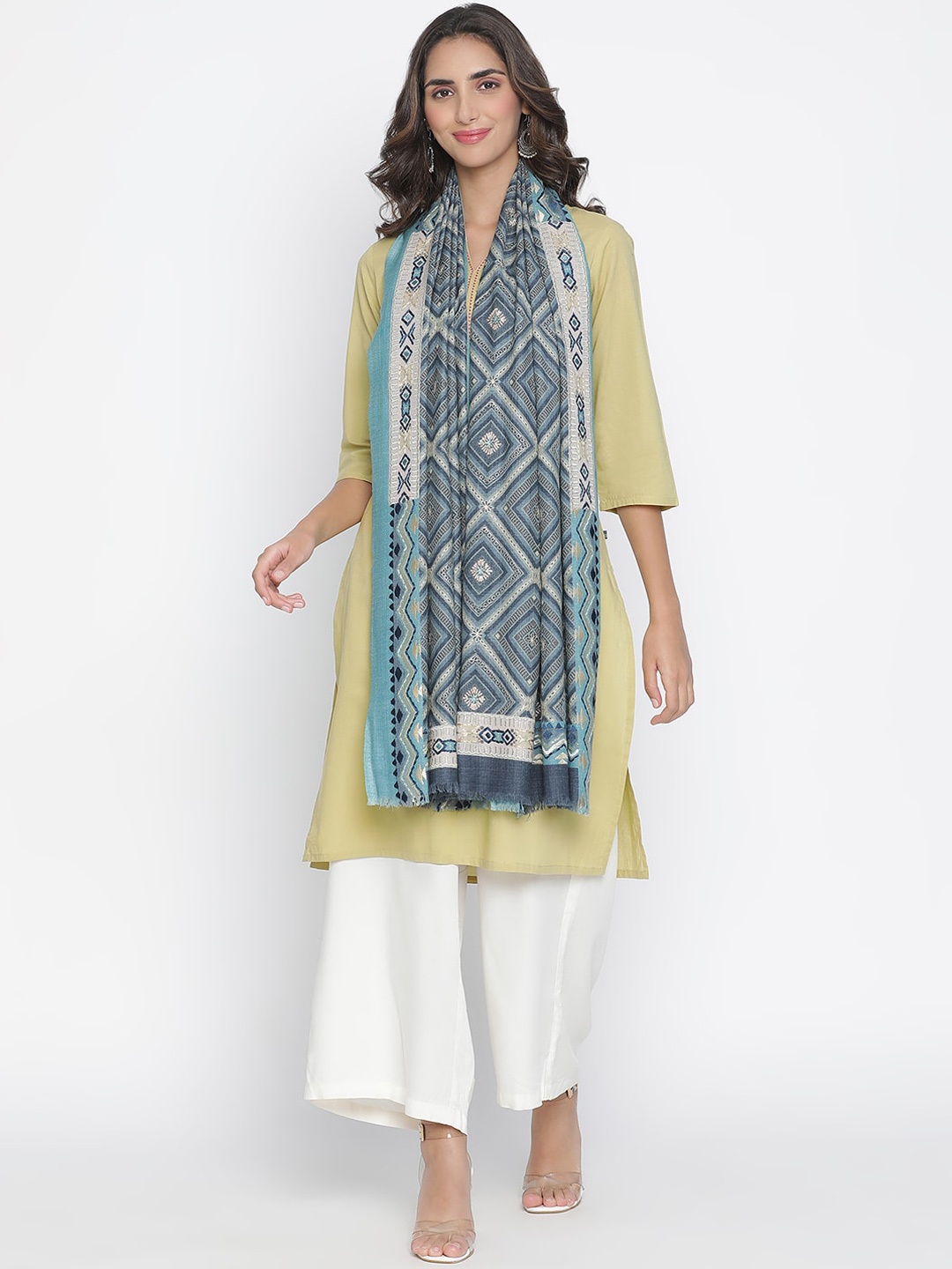 

SHINGORA Women Blue & Grey Geometric Embroidered Woolen Shawl